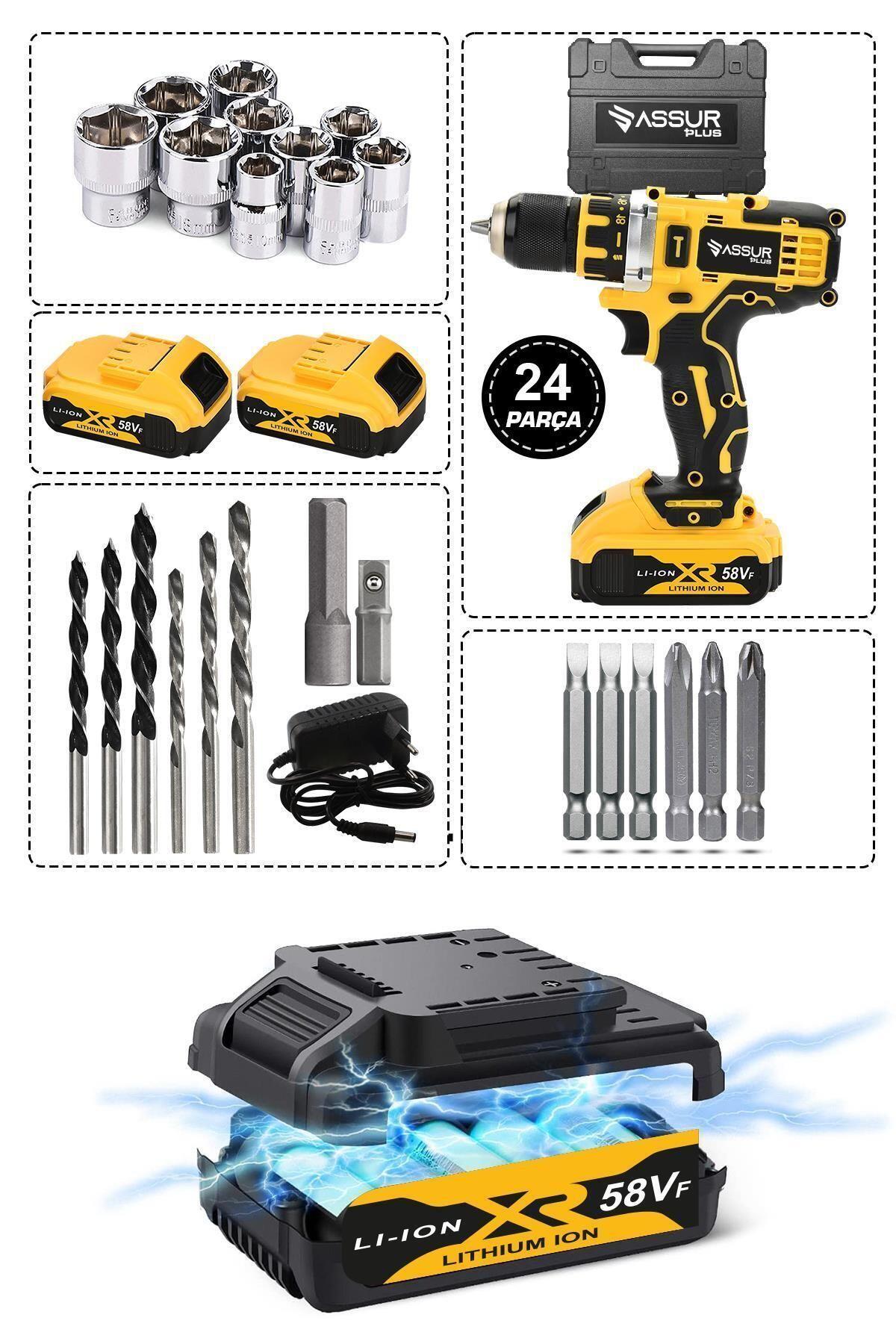 Assur Plus Matkap 58vf 5ah Li Sjs Çift Metal Şanzuman Çift Akülü Şarjlı Matkap 24 Parça Set Hediyel
