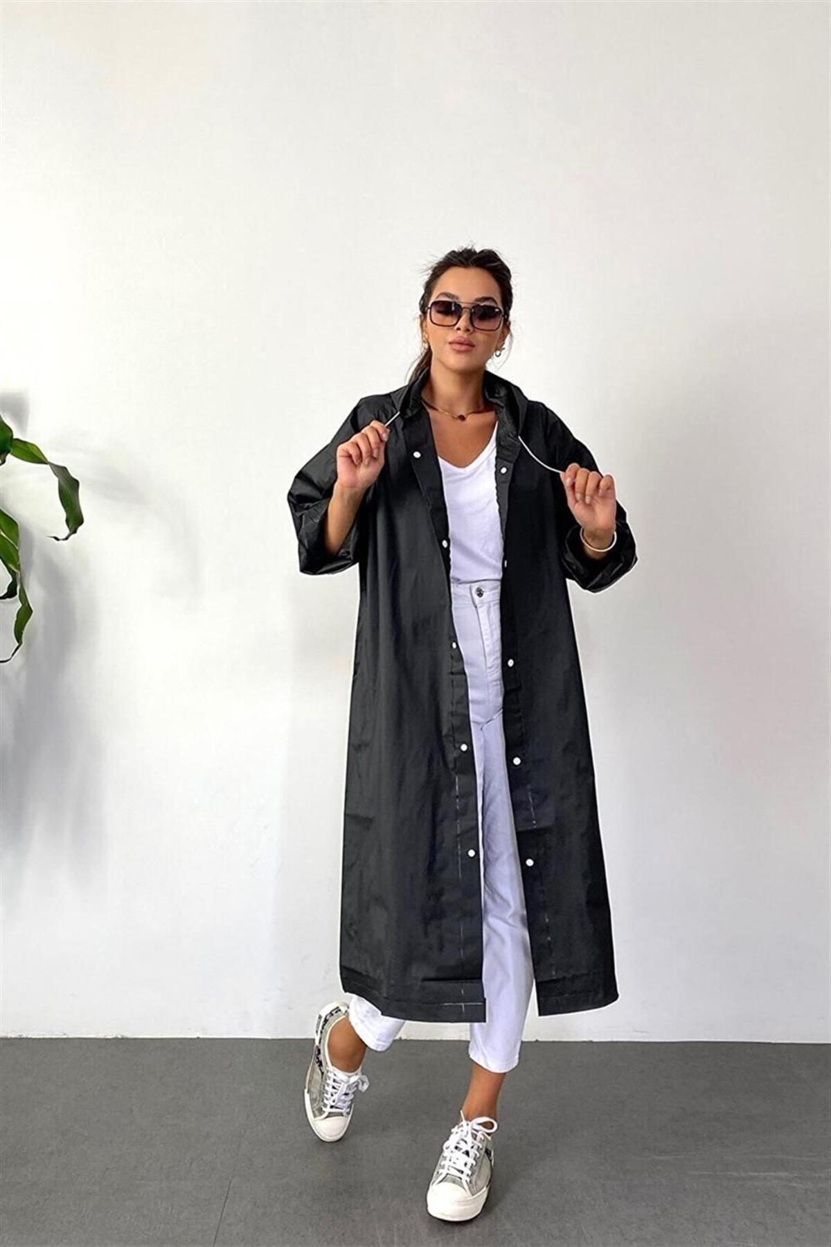 Unisex Kadın Ve Erkek YAĞMURLUK %100 EVA Çıtçıtlı Kapüşonlu SİYAH Renk