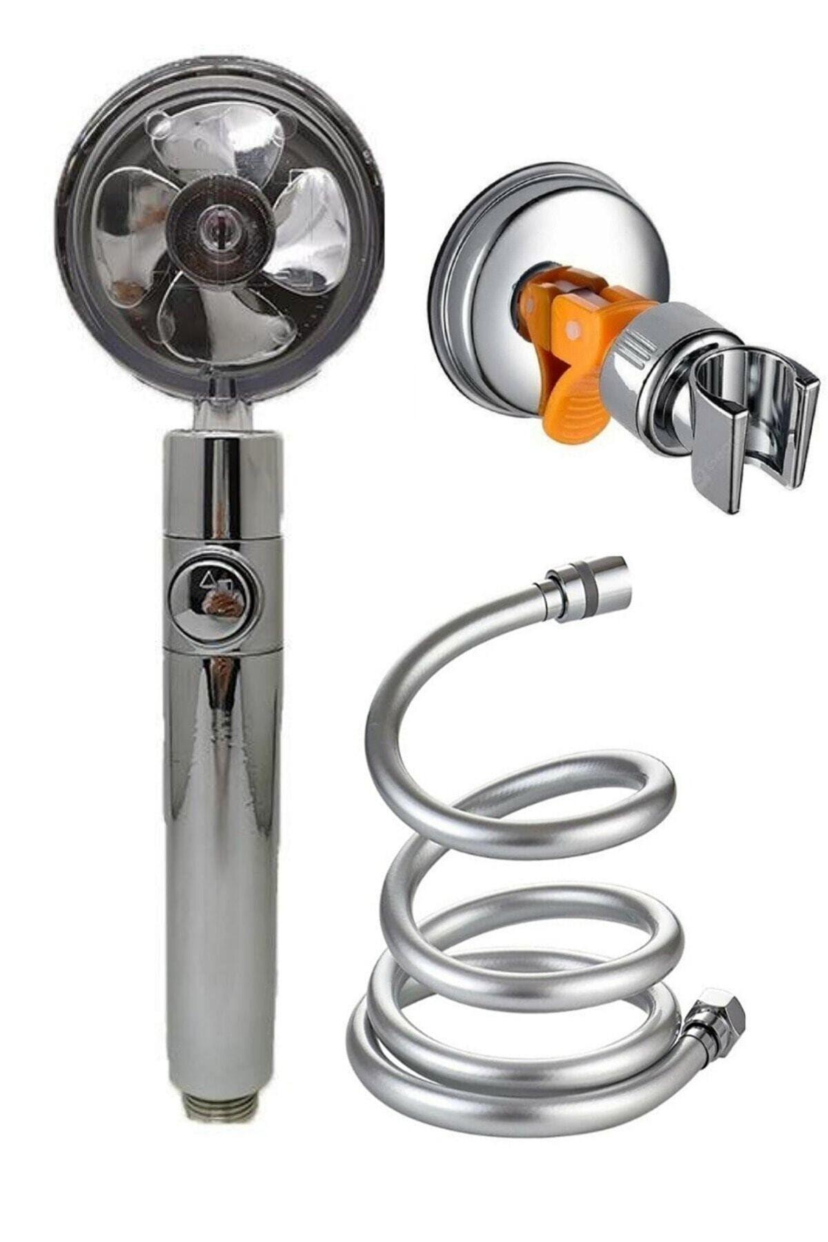 Duş Başlığı Turbo Pervaneli Pvc Duş Hortumu Vakumlu Mafsal Serinletici Tasarım Start Stop Tuş