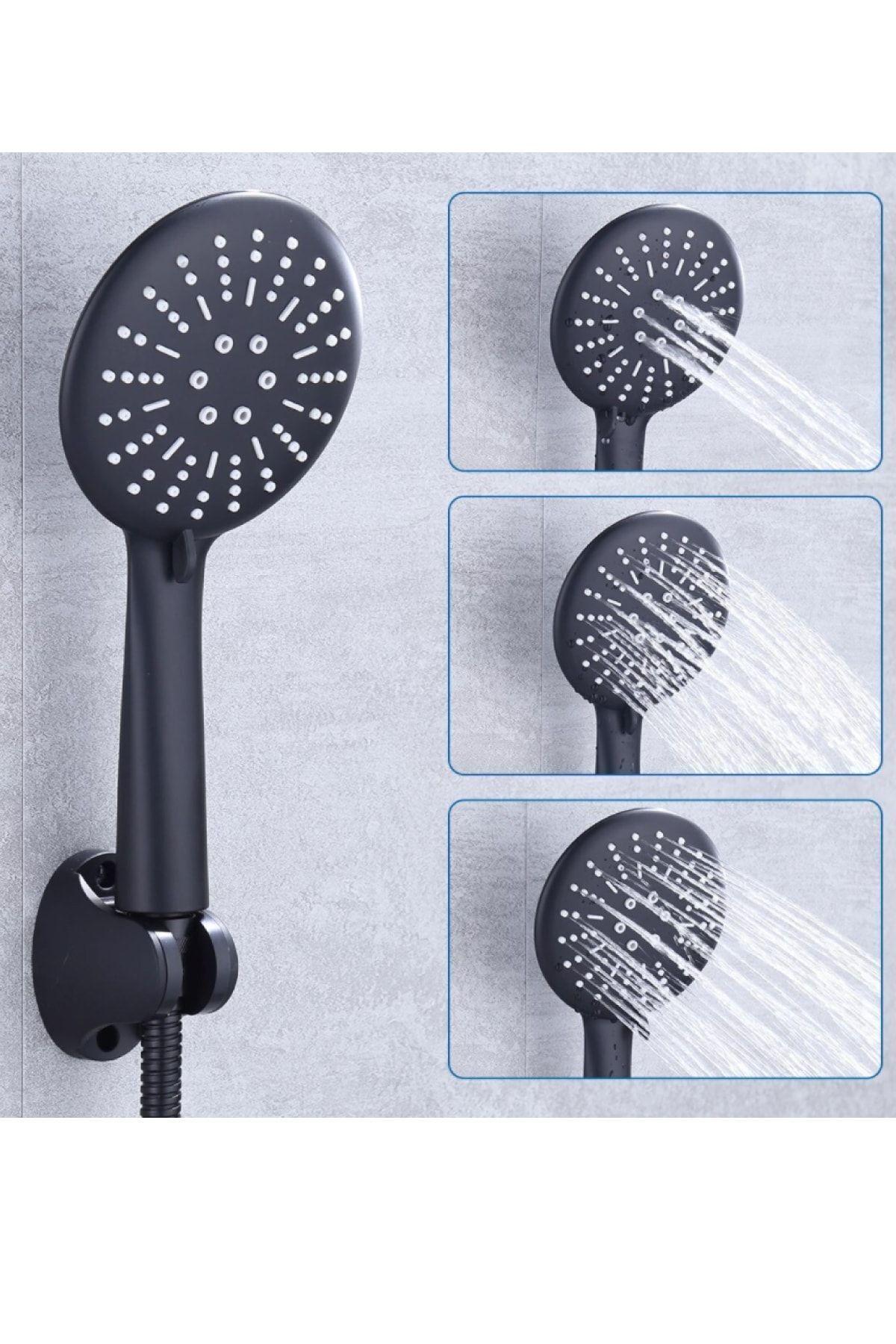 Star 3 Fonksiyonlu Siyah Duş Başlığı Siyah Duş Hortumu Mafsal Duş Takımı Duş Seti