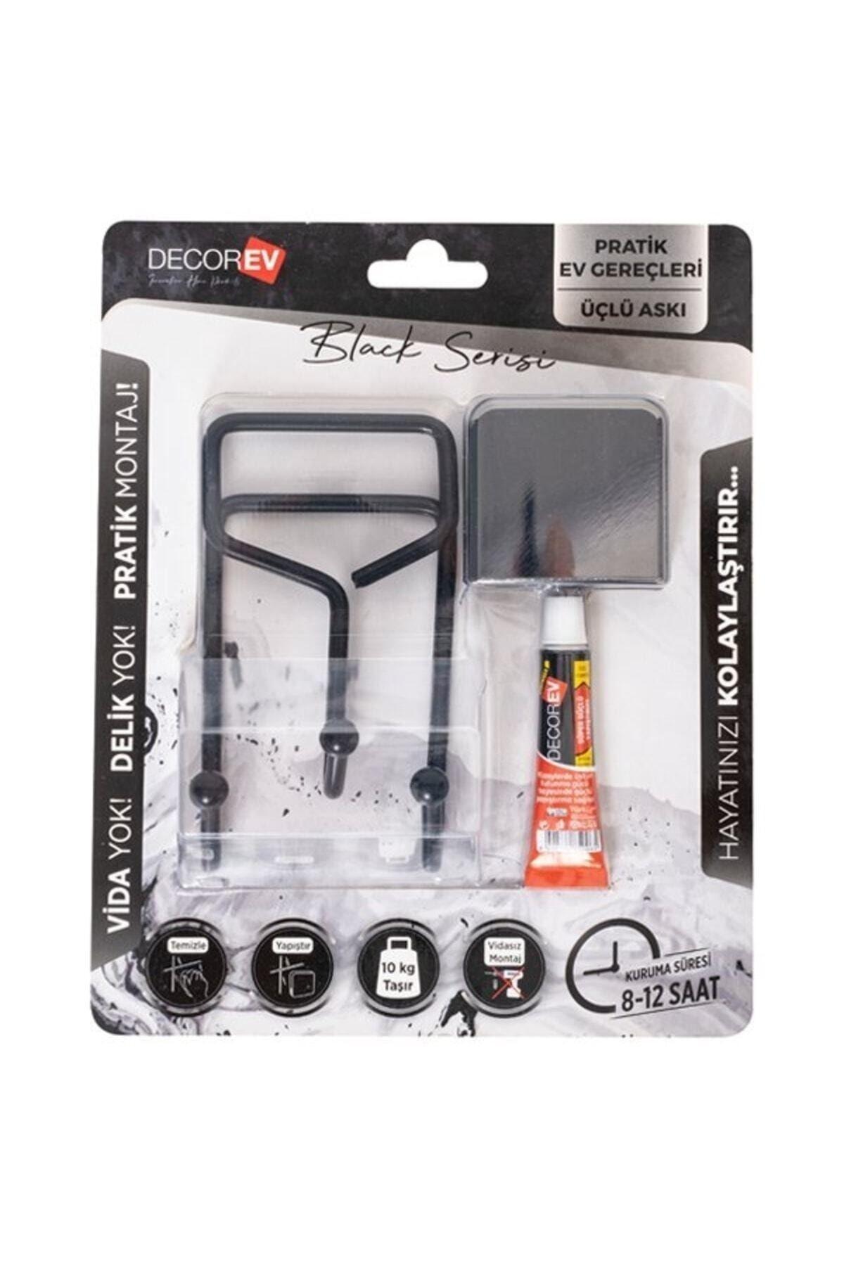 Decorev Süper Yapışkanlı Metal Yapıştırıcılı Siyah Üçlü Askı Dc-5054